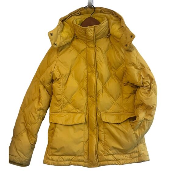 Lands End Goose Down Barn Chore Jacket Womens Small Quilted Hooded Yellow Parka - Picture 1 of 12
